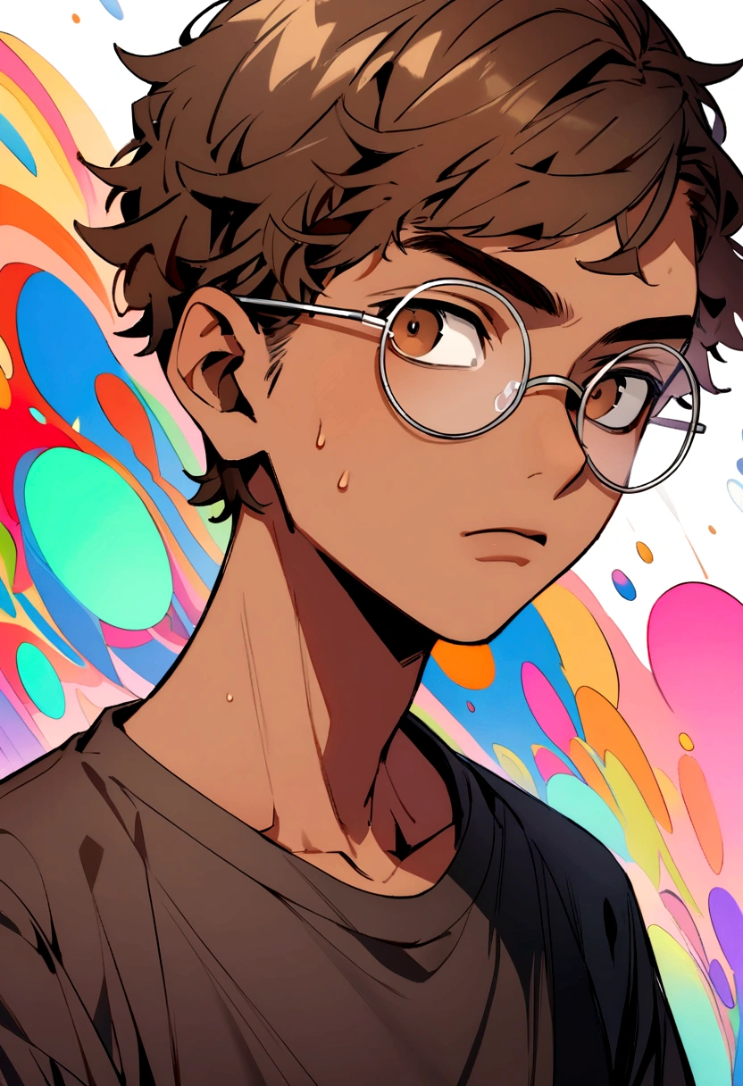 Generates a brown brown man,short brown hair,with round silver glasses and brown eyes and oval face with dark t-shirt not so handsome with a little acne