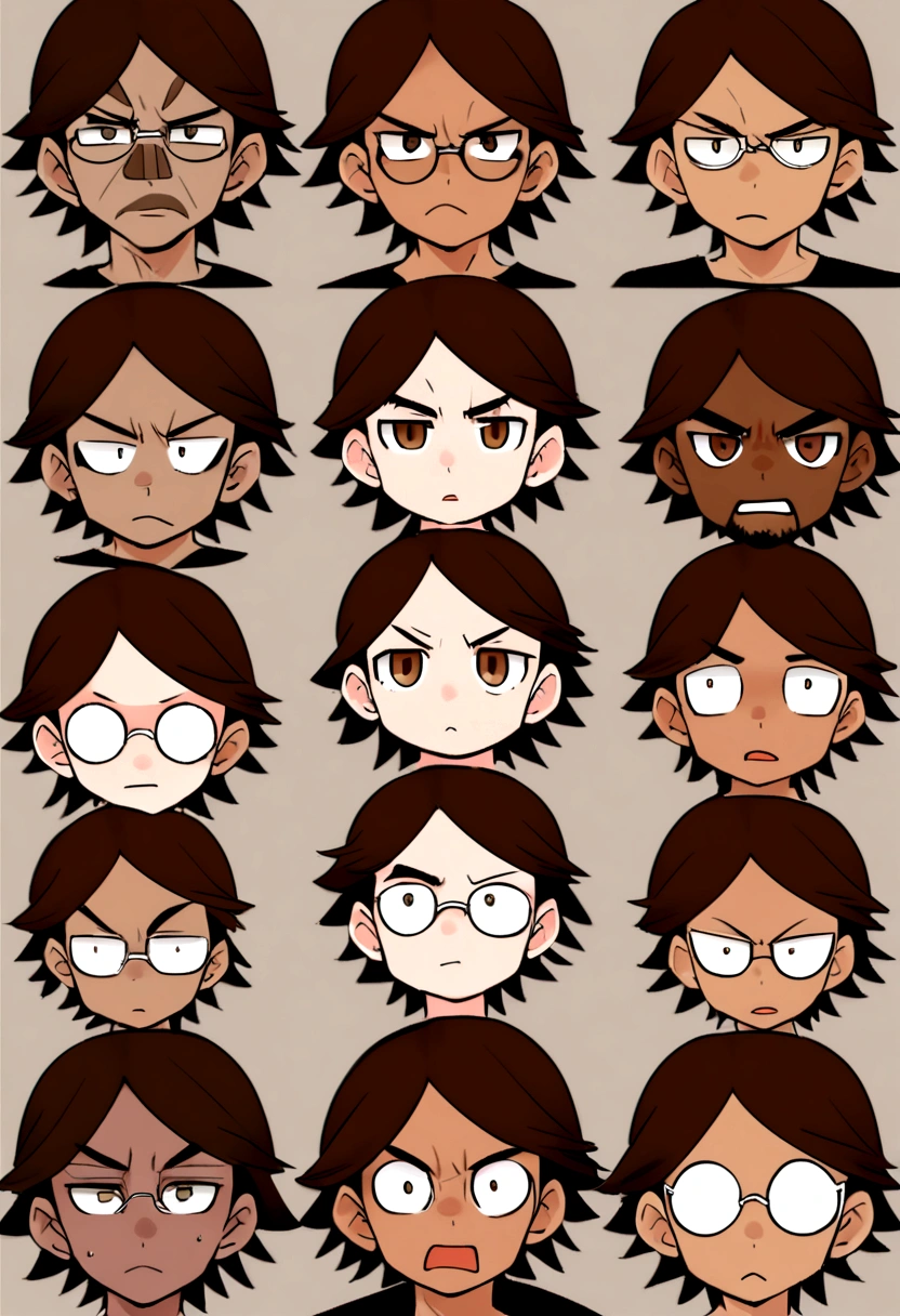 Generates a brown brown man,short brown hair,with round silver glasses and brown eyes and oval face 15 years old with dark t-shirt not so handsome with a little acne