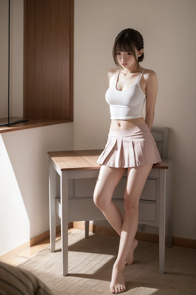 masterpiece, best quality, ultra-detailed, girl, tears, , beautiful eyes, looking at viewer, blush, shy, open legs, ((lift up skirt,)) white skyblue stripe micro panties, pubic hair, in the room, slender, standing, , sitting chair,