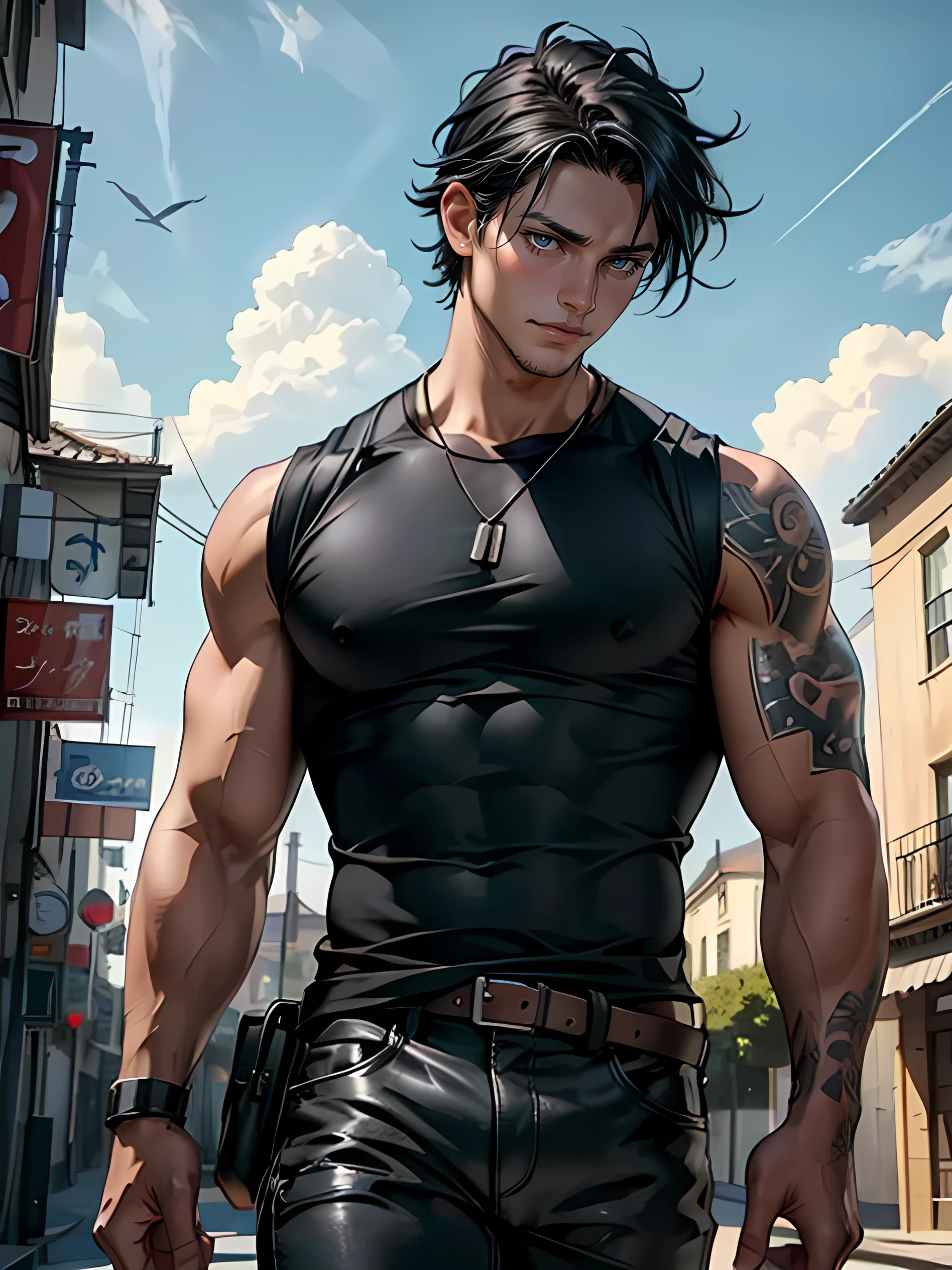 a 26 year old boy,serious expression,black sleeveless shirt,black pants,black hair,levitating in blue sky,clouds,(best quality,4k,8k,highres,masterpiece:1.2),ultra-detailed,(realistic,photorealistic,photo-realistic:1.37),detailed face,extremely detailed eyes and face,cinematic lighting,dramatic atmosphere,vibrant colors,surreal,fantasy