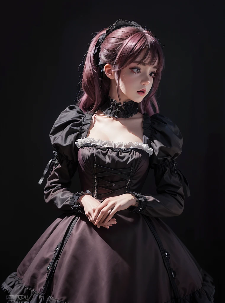 a beautiful girl,magenta hair,looking at to the viewer,standing,(Very Detailed: 1.3),ultra realistic,HDR,(High Dynamic Range),8K RAW,(((1GIRL))),(((wearing ****ta dress))),(((black background))),masterpiece,best quality,perfect proportions