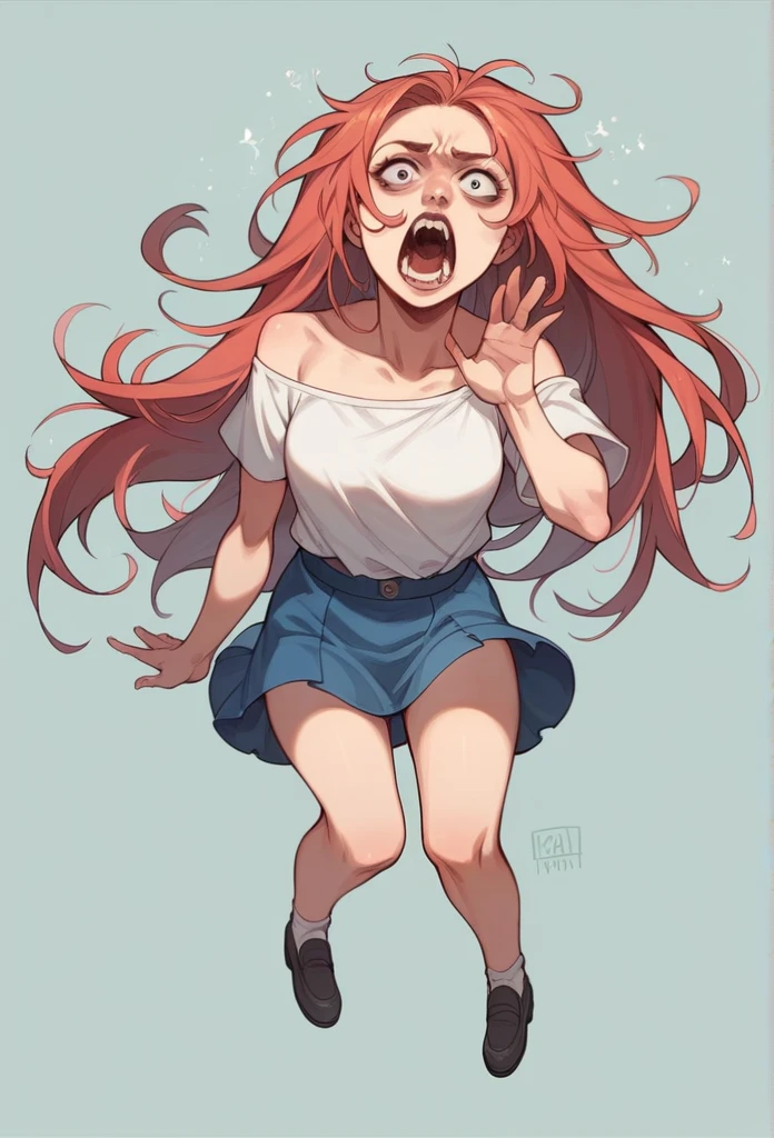 Cold Stare。Beautiful Western Woman。　Tabletop。　One shoulder is forward。　Angle view。　Screaming mouth, blouse open, full body, short skirt 。　Oblique angle。Realistic。　The shading is solid。　Carly。Long Hair。Realistic。dick in hand。　very sexy 