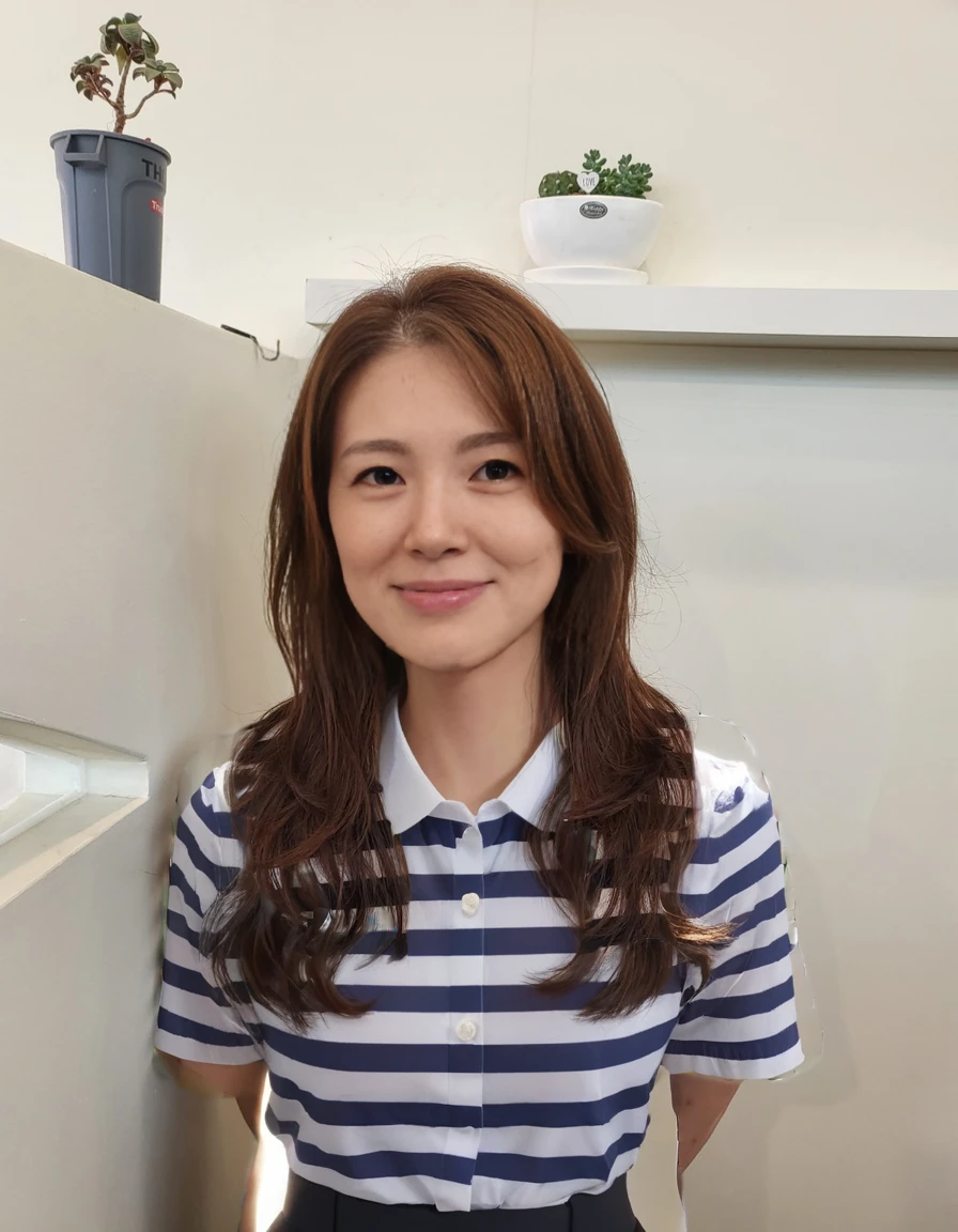 Best Quality, 8k, Masterpiece, (Portrait: 1.3), (photo realistic:1.4), (hyper realistic:1.4), Sharp Focus, looking at viewer, (smoother lighting:1.1), (increase cinematic lighting quality:0.9), realistic lighting, backlighting, light on face, ray trace, (brightening light:1.2), (Increase quality:1.4), sharp detail, (best quality real texture skin:1.4), finely detailed eyes, black_eyes, finely detailed face, 25 year old Korean woman, (white formal_shirt:1.4), (Create an image maintaining the original base model hairstyle:1.5)