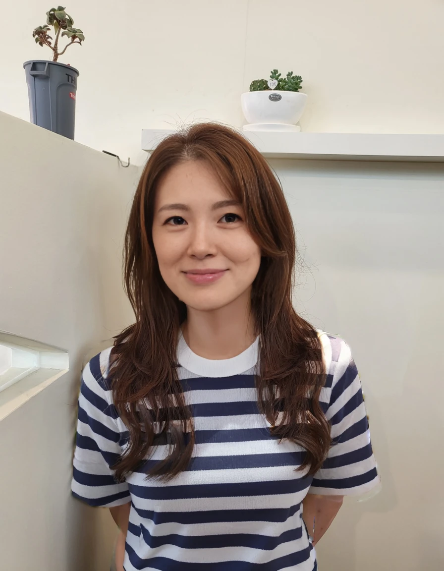 Best Quality, 8k, Masterpiece, (Portrait: 1.3), (photo realistic:1.4), (hyper realistic:1.4), Sharp Focus, looking at viewer, (smoother lighting:1.1), (increase cinematic lighting quality:0.9), realistic lighting, backlighting, light on face, ray trace, (brightening light:1.2), (Increase quality:1.4), sharp detail, (best quality real texture skin:1.4), finely detailed eyes, black_eyes, finely detailed face, 25 year old Korean woman, (white formal_shirt:1.4), (Create an image maintaining the original base model hairstyle:1.5)