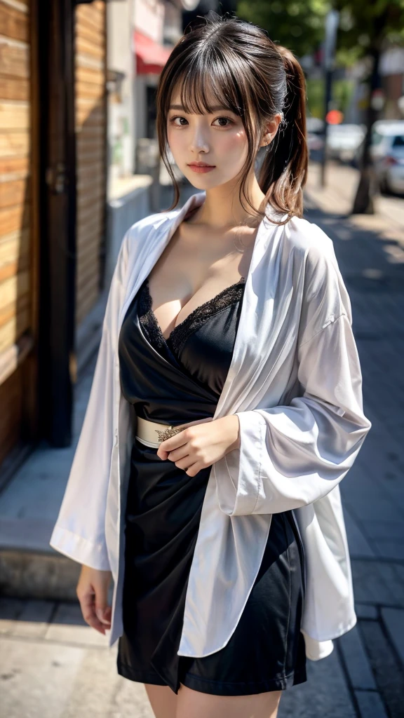 masterpiece, Best Quality, 8K, 20 yo, huge breasts, cuddly, Solo, sad, Cute, Girly, Delicate girl, Neat and clean beauty,  Raw photo, Professional Photography, Portrait, full body, front view, perfect body shape, Sophisticated, Film grain, (Eyes and faces with detailed:1.0), ponytail, short length floating hair, beautiful flowing hair, bangs, Kimono Wrap Shirt