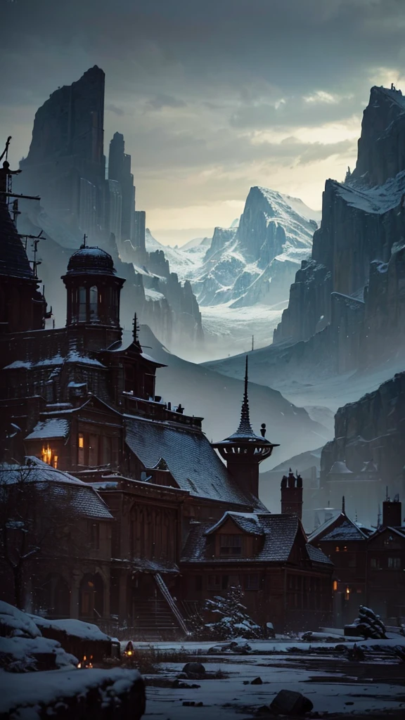 "Create a fantasy landscape with mountains as a dramatic backdrop. There were snow-covered mountain peaks under an overcast and gloomy sky. In the foreground, a scene of ruins and scattered pieces of wood was shown. In the center of the picture was a plain and worn sword with an old, tattered piece of cloth wrapped around the hilt. Standing upright on a pile of old and pristine books. The atmosphere should be dark and mysterious. It represents ancient legends and great adventures."
