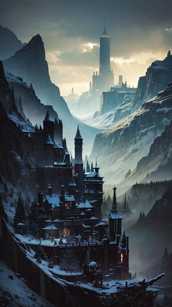 "Create a fantasy landscape with mountains as a dramatic backdrop. There were snow-covered mountain peaks under an overcast and gloomy sky. In the foreground, a scene of ruins and scattered pieces of wood was shown. In the center of the picture was a plain and worn sword with an old, tattered piece of cloth wrapped around the hilt. Standing upright on a pile of old and pristine books. The atmosphere should be dark and mysterious. It represents ancient legends and great adventures."
