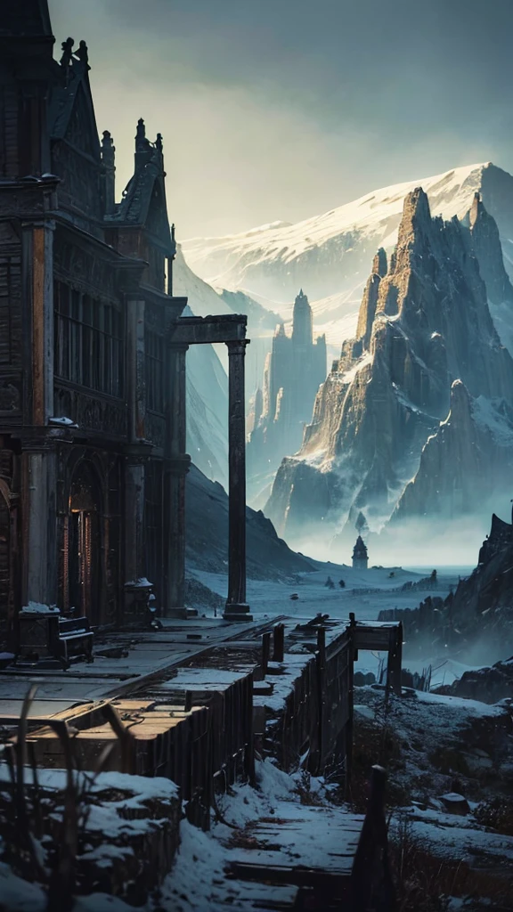 "Create a fantasy landscape with mountains as a dramatic backdrop. There were snow-covered mountain peaks under an overcast and gloomy sky. In the foreground, a scene of ruins and scattered pieces of wood was shown. In the center of the picture was a plain and worn sword with an old, tattered piece of cloth wrapped around the hilt. Standing upright on a pile of old and pristine books. The atmosphere should be dark and mysterious. It represents ancient legends and great adventures."