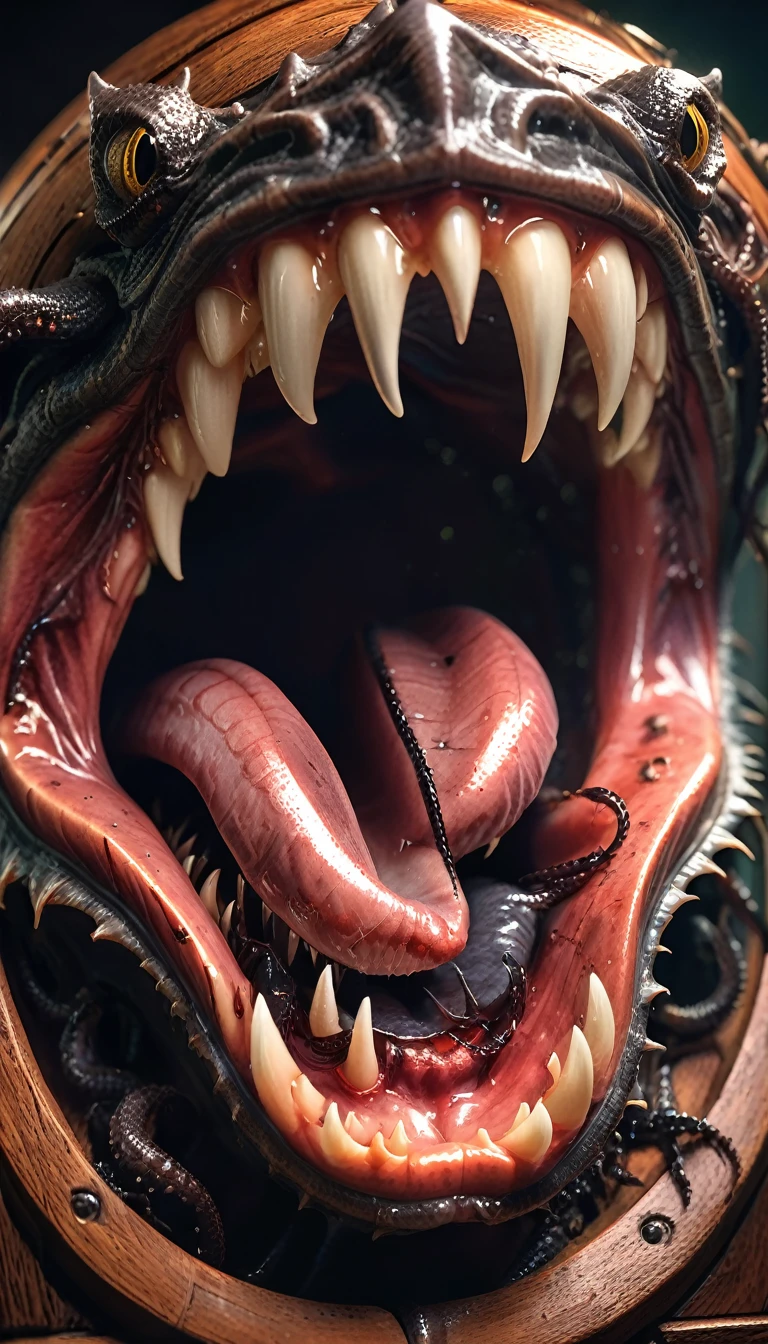 long shot, full body, ((woman running, is chased by A mimic creature with fleshy, open maw with a long, drooling tongue emerging from a wooden chest, tentacles extending outward, sharp teeth, dungeon interior: 1.5)), (best quality, 4k, 8k, high resolution, masterpiece: 1.2), ultra-detailed (realistic, photorealistic, photorealistic: 1.37), horror, dark, gritty, visceral, macro, extreme detail, DSLR, (best quality ,4k,8K,high resolution,masterpiece:1.2),ultra detailed,Sharp focus,(realistic,photorealistic,photo-realistic:1.37),highly detailed face,extremely detailed facial features,hyper realistic skin texture,extremely fine details, intricate details, detailed eyes, detailed nose, detailed lips, detailed facial expressions, intricate facial anatomy, intense lighting, dramatic lighting, moody lighting, cinematic lighting, chiaroscuro lighting, dramatic shadows, dramatic moments, vivid colors, intense colors, deep contrast ,cinematic depth of field,cinematic composition,cinematic camera angle