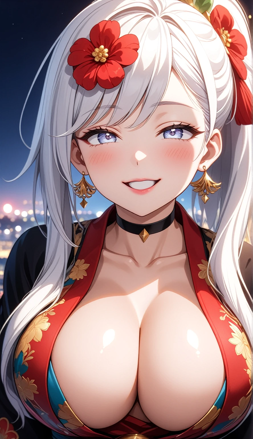 ((One personの女性)), Beautiful Face,((laugh)),((Wink:1.9)),((Touch your lips)), Laugh with your mouth wide open,((Bright red cheeks:1.4)),Shiny red lips,night,rooftop,You can see the ocean, firework,Laughing with your mouth open,Glossy pink lips,Facial lighting,((Anime style background)),masterpiece, Highest quality, so beautiful,up to date, Complex details, (Pink long nails),(ring),(bracelet),(choker),AI-generated, Complex,High resolution, Highest quality, super high quality,3D Images、3D Images,One person,Long white hair,High Ponytail,(blue eyes),Anime woman posing for a photo, ((Narrow eyes、Silvery white colorful eyes、Shining Eyes:1.3)),(Squint your eyes:1.1),a hyperRealistic , hyperRealistic , Realistic,Anime woman with long white hair, Smooth anime CG art, A woman in a colorful kimono with gold embroidery, (Black long sleeve kimono),Red floral pattern,Long flower hair ornament,Earrings,Mature Body,(Big Breasts:1.1),expensive,Abdominal muscles,Tight waist,(Zoom up to face:1.7),Shooting from diagonally below
