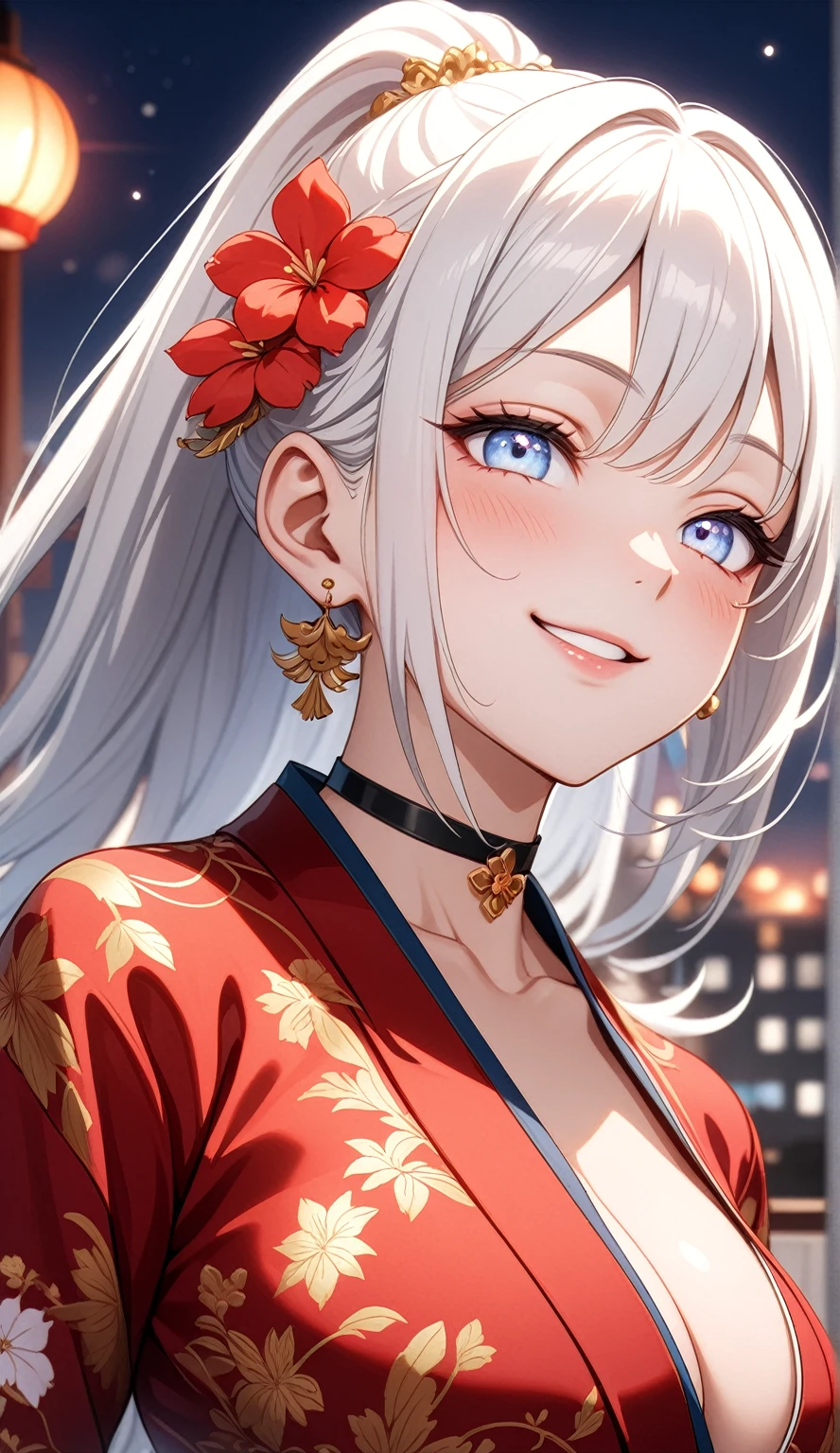 ((One personの女性)), Beautiful Face,((laugh)),((Wink:1.9)),((Touch your lips)), Laugh with your mouth wide open,((Bright red cheeks:1.4)),Shiny red lips,night,rooftop,You can see the ocean, firework,Laughing with your mouth open,Glossy pink lips,Facial lighting,((Anime style background)),masterpiece, Highest quality, so beautiful,up to date, Complex details, (Pink long nails),(ring),(bracelet),(choker),AI-generated, Complex,High resolution, Highest quality, super high quality,3D Images、3D Images,One person,Long white hair,High Ponytail,(blue eyes),Anime woman posing for a photo, ((Narrow eyes、Silvery white colorful eyes、Shining Eyes:1.3)),(Squint your eyes:1.1),a hyperRealistic , hyperRealistic , Realistic,Anime woman with long white hair, Smooth anime CG art, A woman in a colorful kimono with gold embroidery, (Black long sleeve kimono),Red floral pattern,Long flower hair ornament,Earrings,Mature Body,(Big Breasts:1.1),expensive,Abdominal muscles,Tight waist,(Zoom up to face:1.7),Shooting from diagonally below