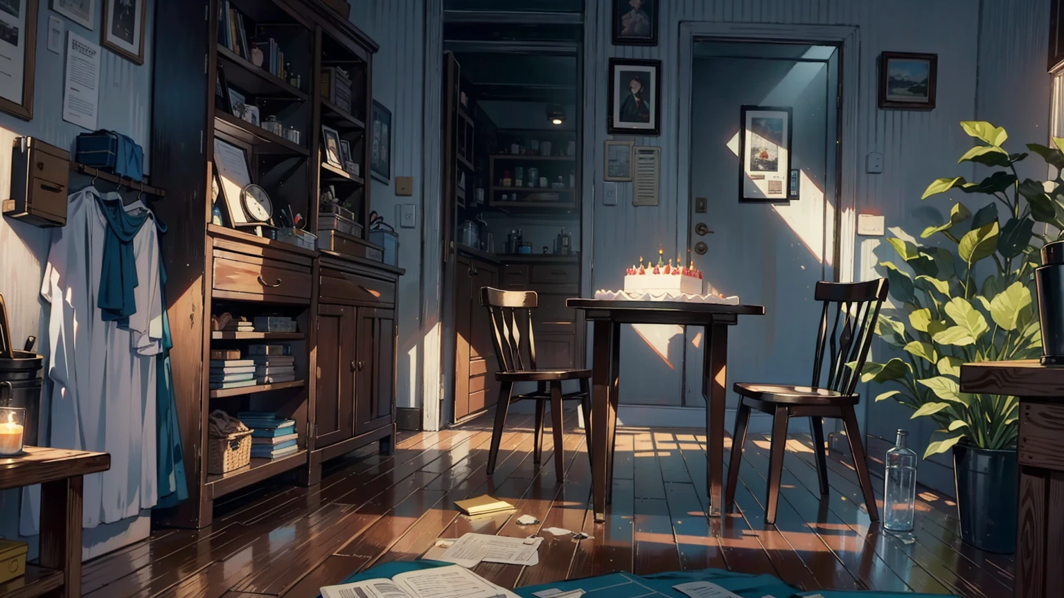 (best quality,masterpiece:1.2,detailed details,4k),A dim old apartment, a small birthday cake on an old wooden table, a modern apartment, an alarm clock on the wall, an anime scene,the wooden floor,