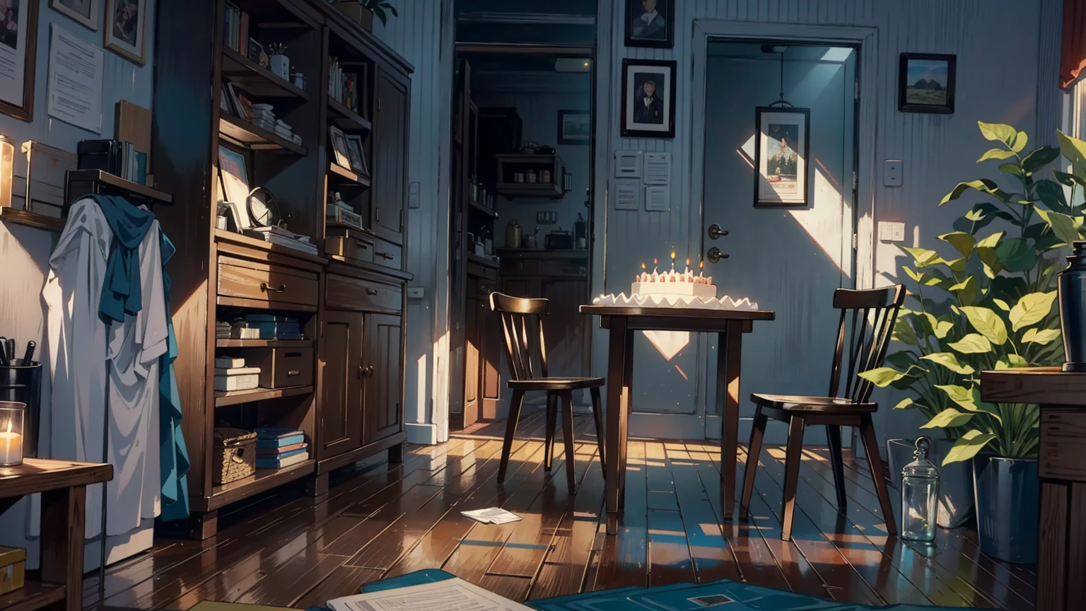 （best quality，masterpiece：1.2，detailed details，4k），A dim old apartment, a small birthday cake on an old wooden table, a modern apartment, an alarm clock on the wall, an anime scene,the wooden floor, 