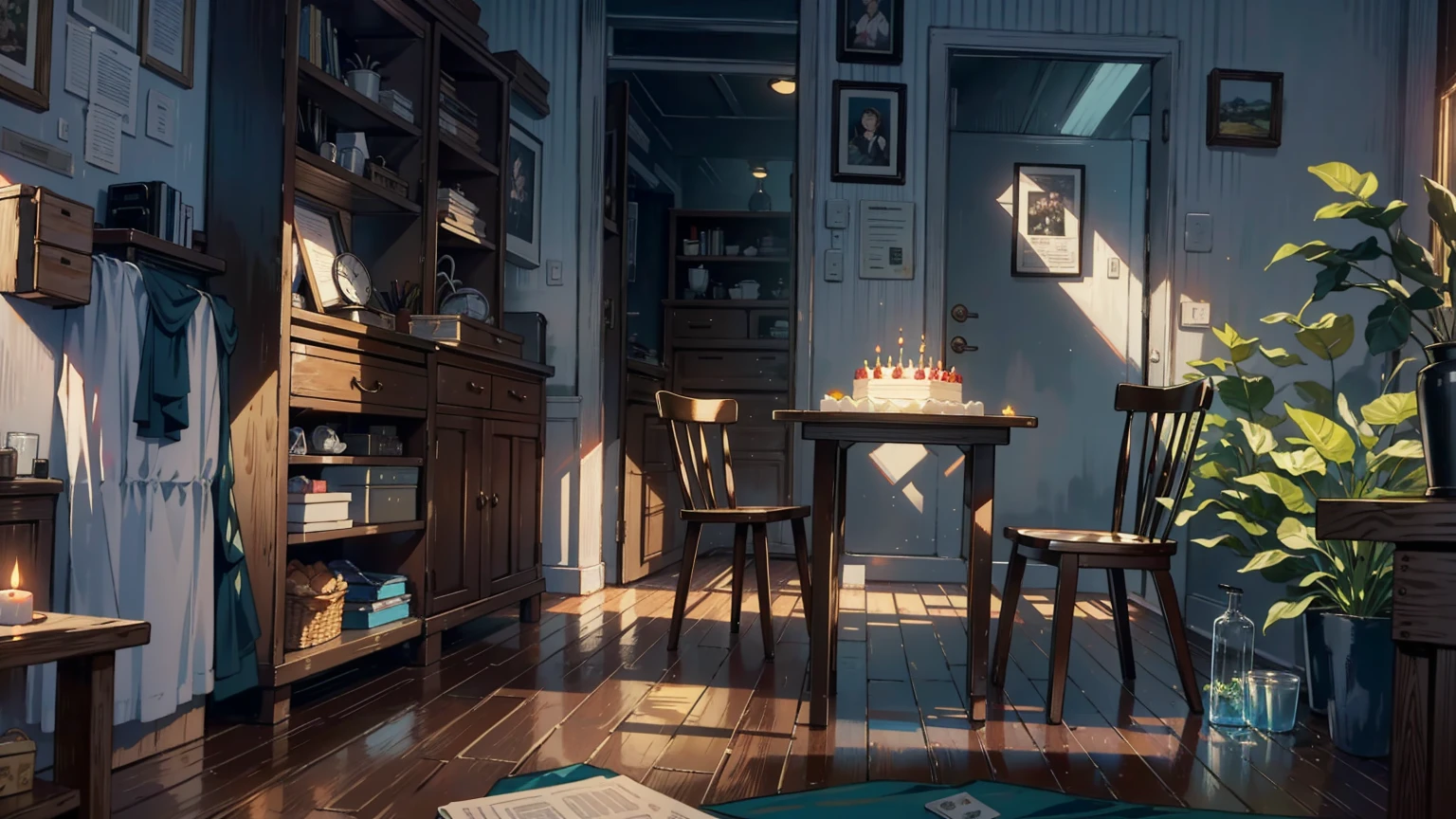 （best quality，masterpiece：1.2，detailed details，4k），A dim old apartment, a small birthday cake on an old wooden table, a modern apartment, an alarm clock on the wall, an anime scene,the wooden floor, 