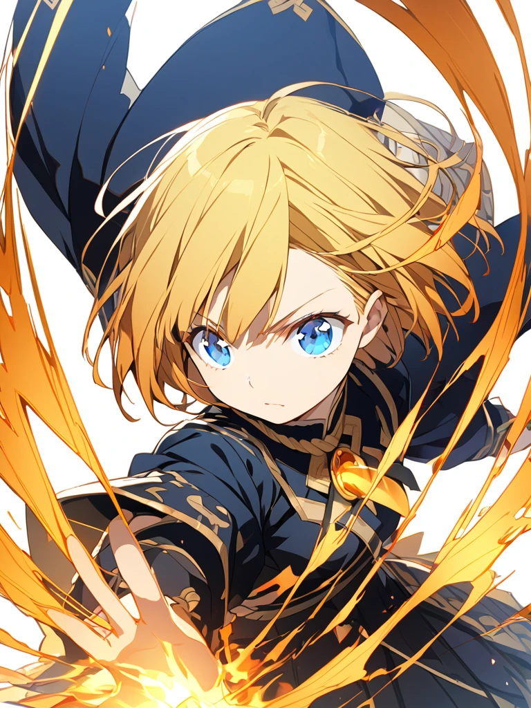A girl fighting with golden flames (Short Bob Hair:1.4),(Blue eyes)輝く炎
