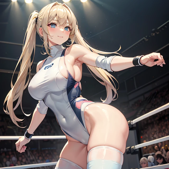 (masterpiece image, very detailed image, best high quality high definition image High very detailed Quality image, Very detailed high quality image), solo character, female wrestling having a break relaxing moment
1girl, absolute beauty, 28 years old, fair pale skin, light blue eyes, beauty features, long blonde golden hair tied in two pigtails with pink ribbons and blonde golden hair curly fringe near the nose, big breasts, round butt, beautiful legs, (light pale blue one piece leotard with a white stripe line in the belly and a grey spandex shorts under the leotard, grey knee pads, light pale blue wrestling boots, light pale blue arms sleeves, grey elbow pads), friendly smile
Dirty gym and wrestling ring