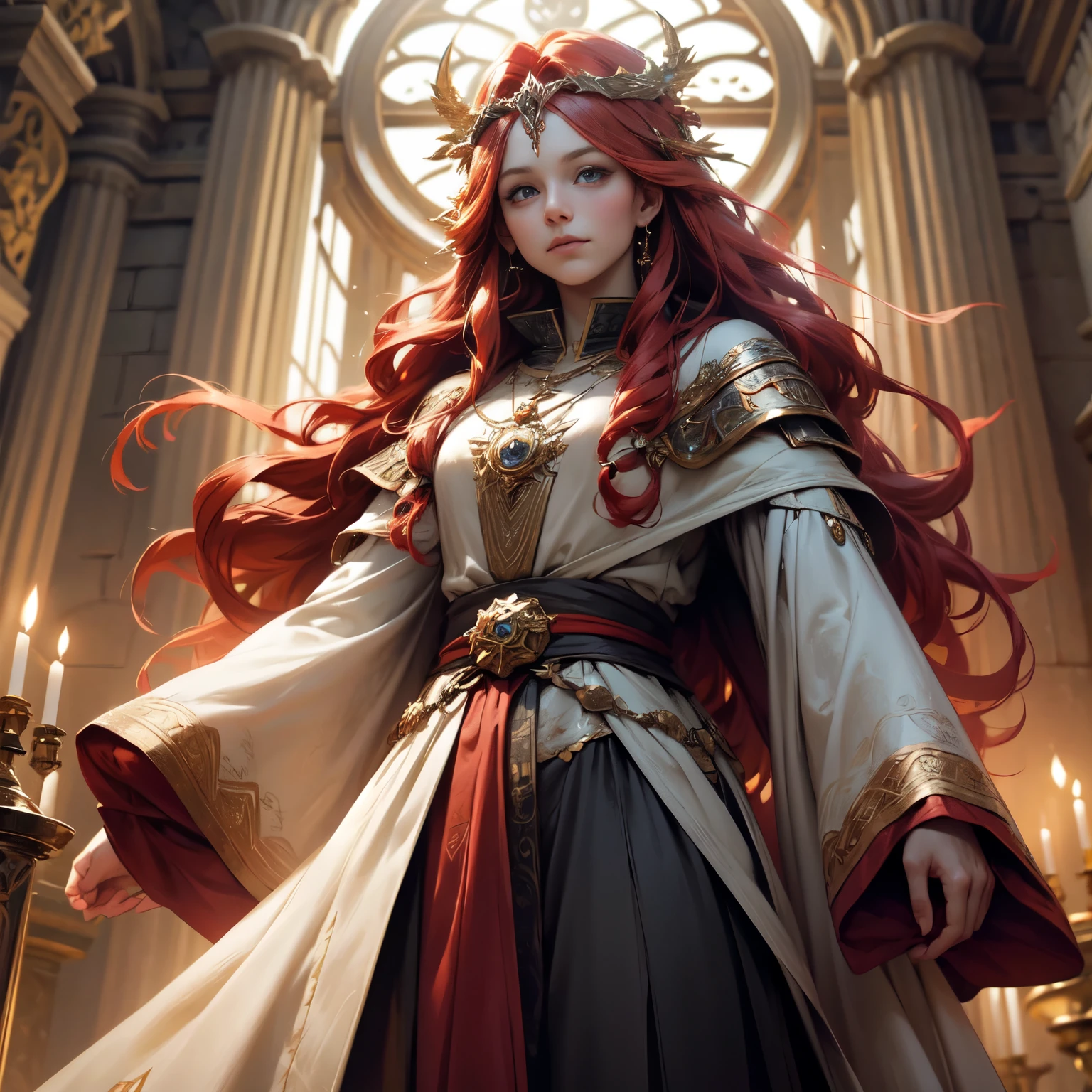 Create an 8K ultra HD digital image of a majestic red-haired Aasimar Druid from the Circle of Dreams, longos e ondulados, dressed in druidic regalia of royalty, in the castle&#39;s magic arts hall. The druid has green eyes and fair skin. He is dressed in a royal robe of red velvet with gold and silver trim., Adorned with magical jewels that glow softly. He wears a golden crown with precious stones, gold bracelets on her wrists and a magical amulet around her neck. In the hall of magical arts, the druid wields the Sword of Zeus. The sword is made of celestial gold and emits golden rays, with divine inscriptions along the blade that shine brightly. The hilt of the sword is adorned with small rays and lightning., symbolizing his supreme power. He holds the sword in a conjuring pose, while electric sparks dance around you. The Sword of Zeus is known for its ability to control thunder and lightning, and an aura of divine power emanates from her. The magic arts hall is full of old books, magic scrolls and alchemical instruments. Worktables covered with exotic ingredients and sparkling vials create an atmosphere of mystery and arcane power. Soft candlelight floats in the air, illuminating magical symbols engraved on the walls. The image must capture the mystique and magic of the room, highlighting the druid&#39;s interaction with the Sword of Zeus.