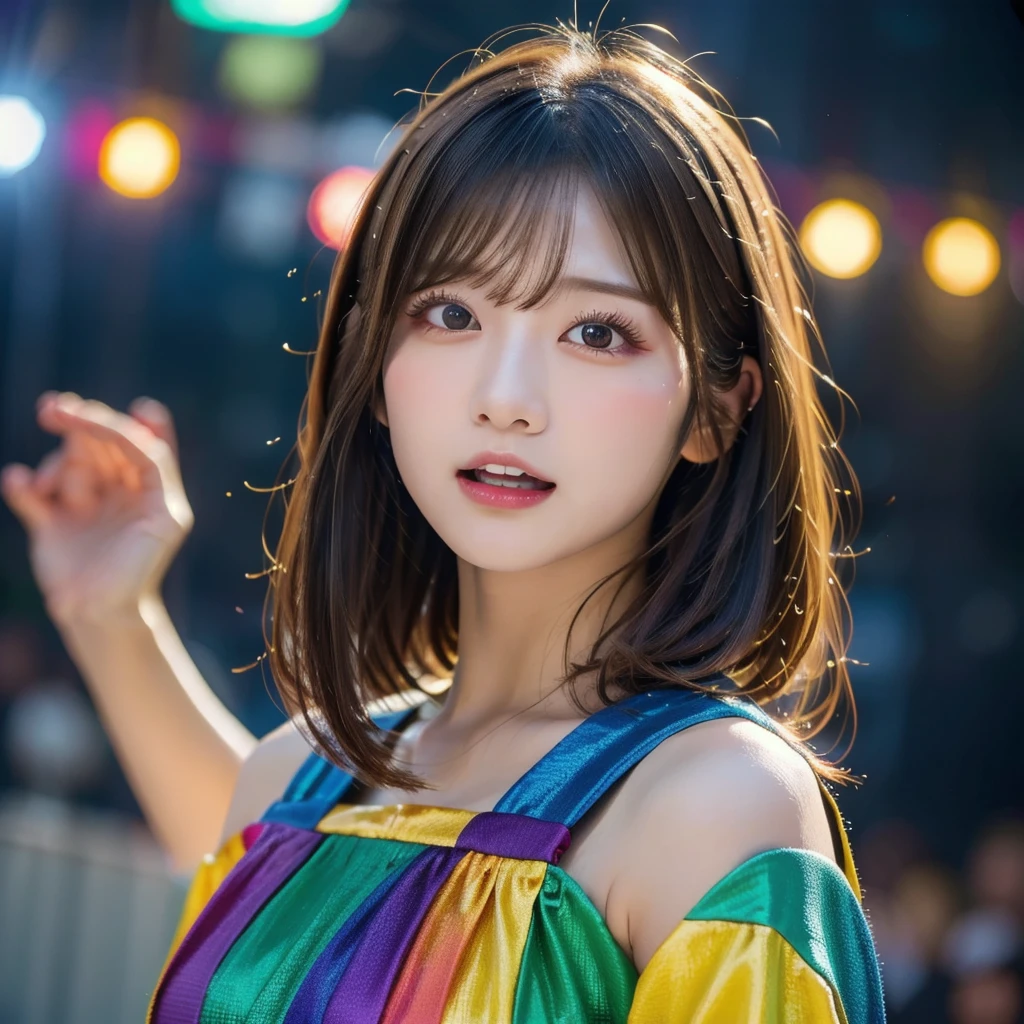 (RAW Photo, Best Quality), (Realistic, Photo Realistic: 1.3), Best Quality, Highly Detailed, Masterpiece, Ultra Detailed, 1 Japanese girl, upper_body, Dynamic Angle, Extremely Detailed CG Unified 8k Wallpaper, Ink, Amazing, Movie upper_body, World Mastery Theater, messy_long_hair, Best Quality, Extremely Detailed CG Unified 8k Wallpaper, Ink, Amazing, Movie Lights, lens_flare, Detailed Face, (Deliberate expression: 1.5), sony master shot, Japanese idol singing and dancing on stage, (colorful idol costume:1.5), hi-res screenshot, nicovideo, normal hands, nice studio lighting, vhs screenshot, beautiful fine face