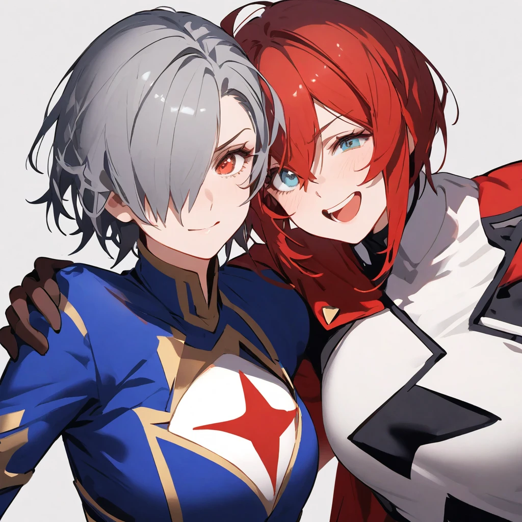 Female gender, short hair and one side painted red and the other white,one eye gray and the other blue, and a hero uniform