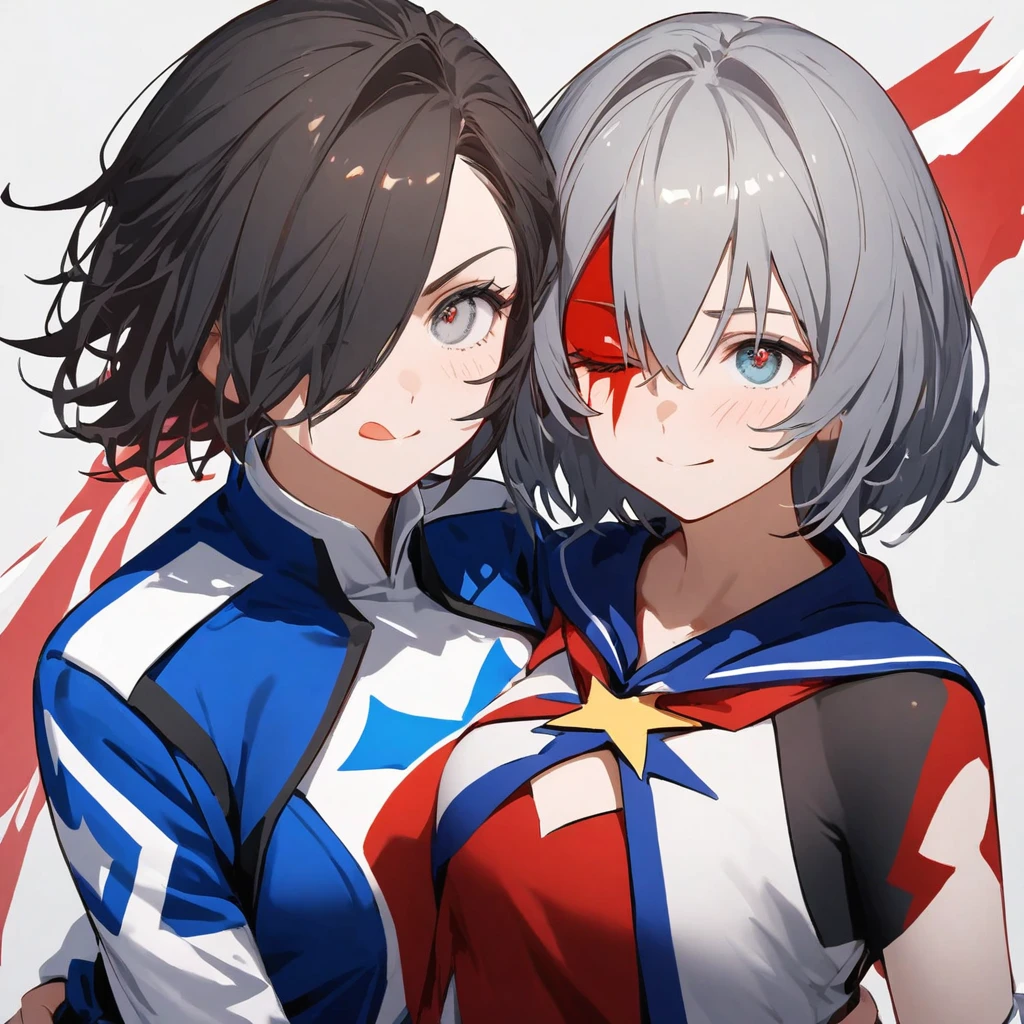 Female gender, short hair and one side painted red and the other white,one eye gray and the other blue, and a hero uniform 