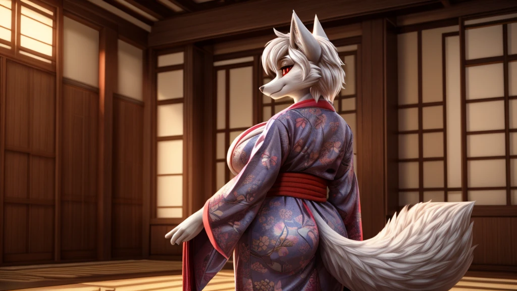 Skye from Paw Patrol series, as a white kitsune fox, mature adult, mommy, ???????????, big ????, kimono, short fluffy white hair with fringe, red eyes, standing, inside a dojo, detailed, solo, beautiful, high quality, 4K