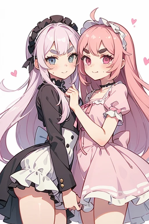 2 Girls with pink hair, long double-tailed hairstyle, ((small pink bushy eyebrows)), dressed in ta clothes, loli(Zankuro) drawing style by zankuro artist, ザンクロー style, image uploaded in R34, she rubbing a long and thick and flaccid veiny curvered male penis on his face,