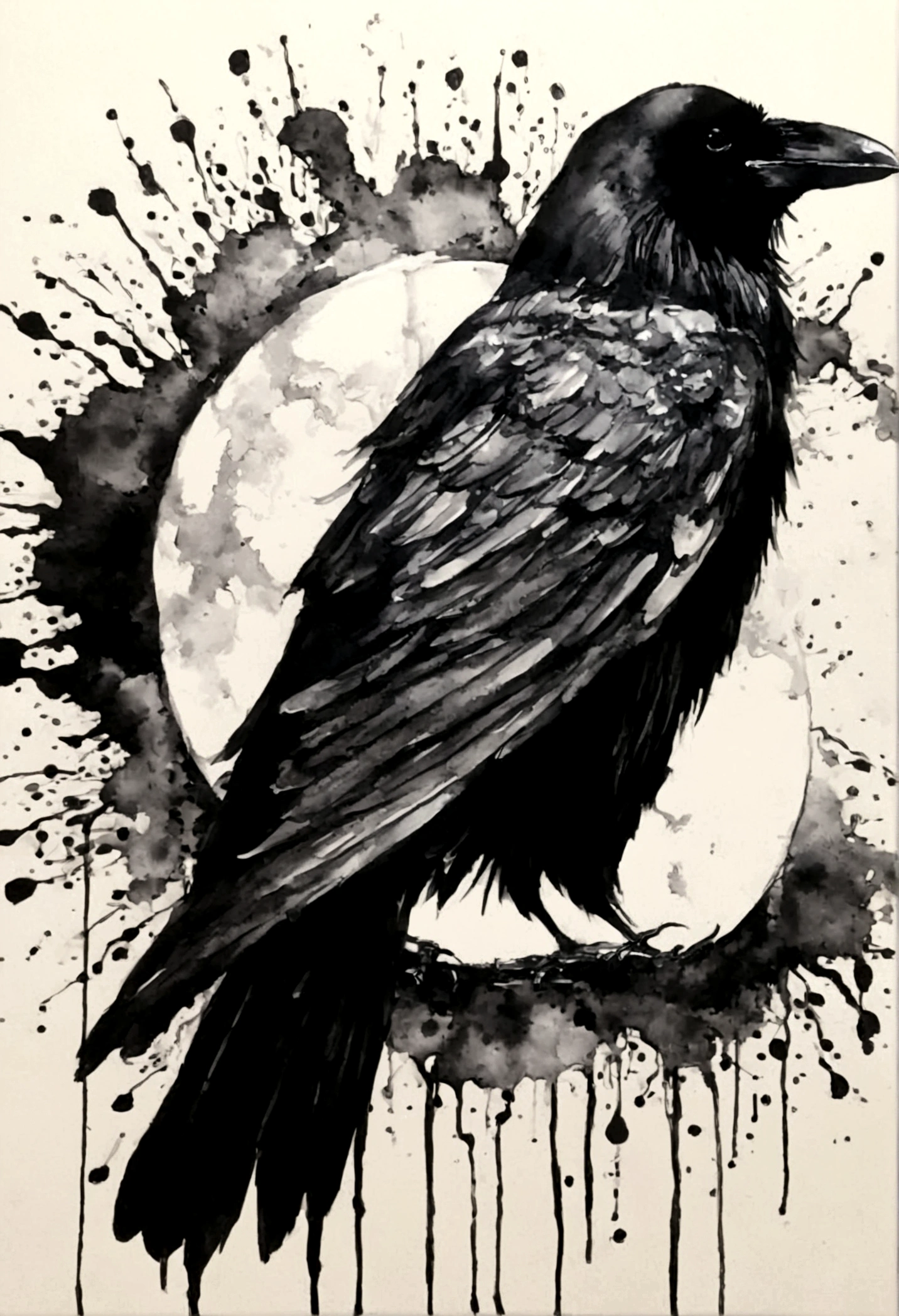 Ink painting,Black and white painting,Beautiful detailed painting,Draw a circle with a brush,(Crow from the circle splash:1.2),sunset,1 p,