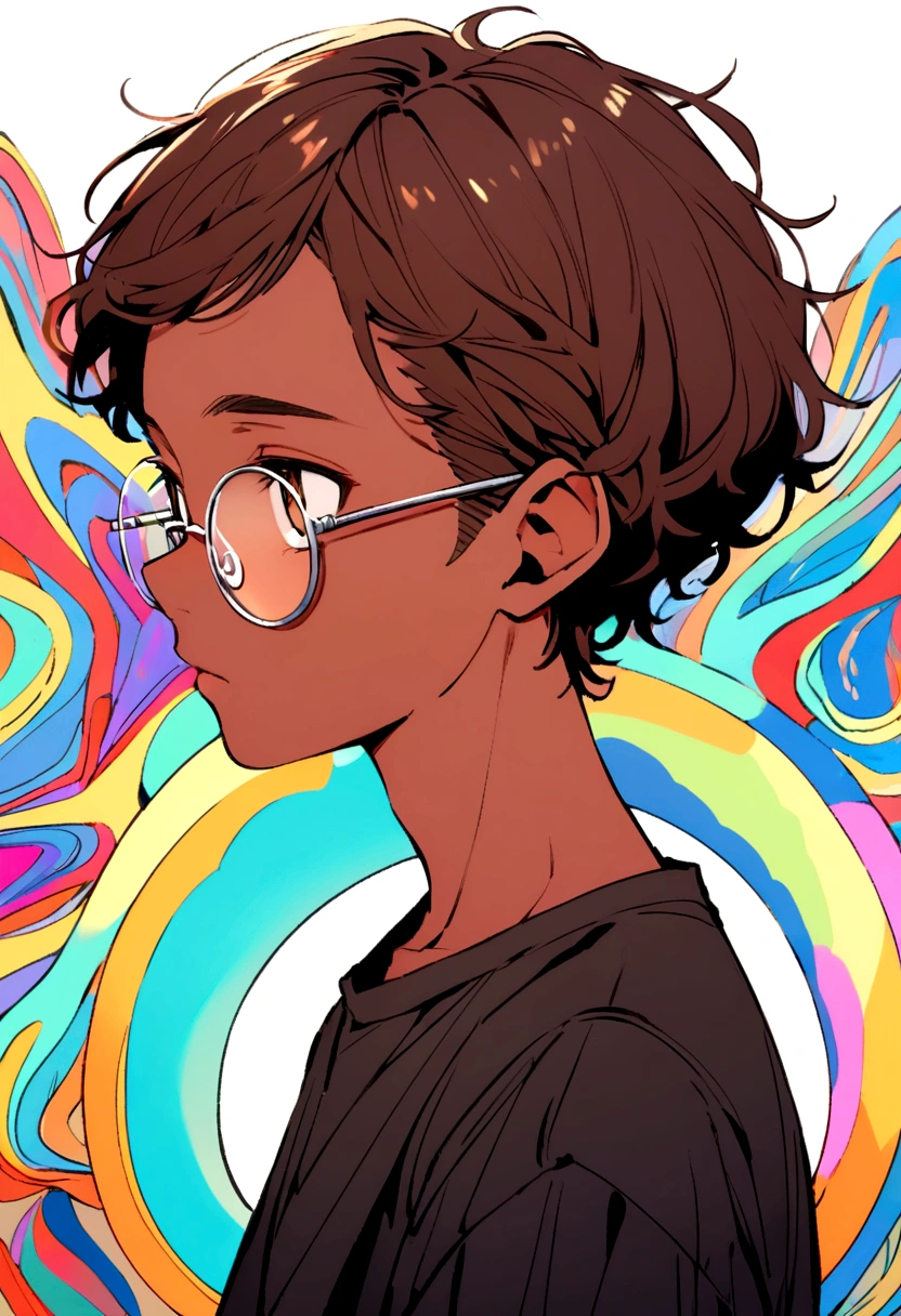 Generates a brown brown man,short brown hair,with round silver glasses and brown eyes and oval face, 15 years old with a dark t-shirt, not so handsome with a little acne, profile looking at the horizon