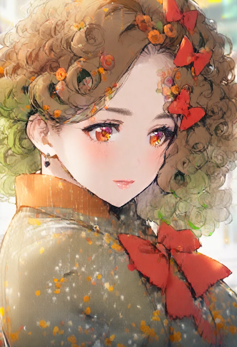 2 girl, one girl with (brown hair, orange eyes, red bow on hair, short hair, beautiful, mature), one girl with (curly hair, long hair, yellow eyes, green hair)