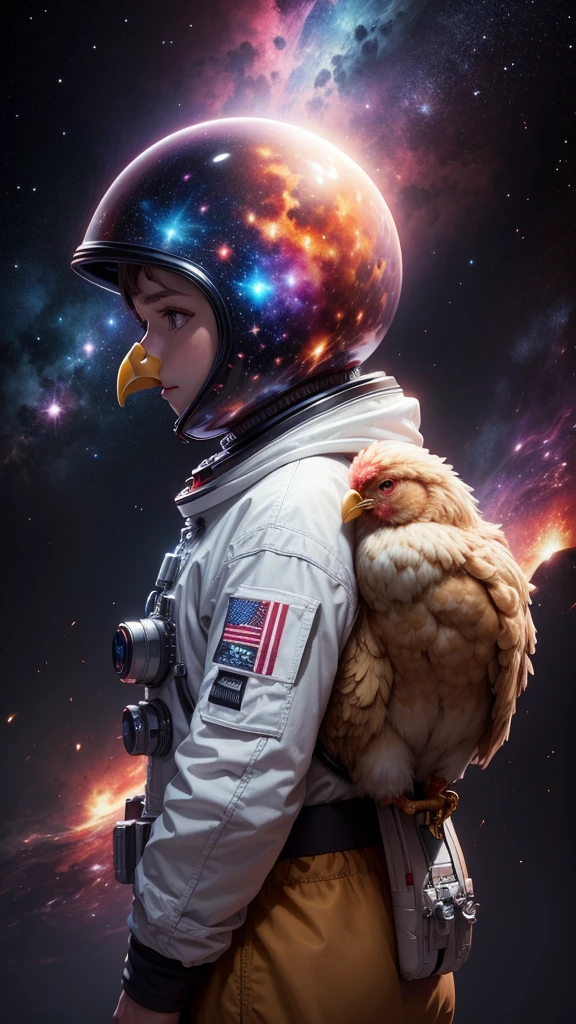 portrait. Uktra resolution. 8k. Very defined. an astronaut chicken(alone). Crossing galaxies and nebulae. Very colorful. Very defined.