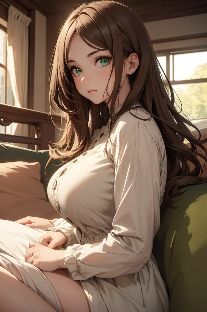 (8K, Best Quality, Masterpiece, Ultra High Resolution) 1 Girl, Short, Beautiful Eyes, Face Details, Long Light Brown Hair, Green Eyes, Pale Skin, Casual Dress, Curvy Body, Large Bust, Sitting on Sofa Masterpiece, Best Quality, Upper Body, Looking at the Viewer, Close Up
