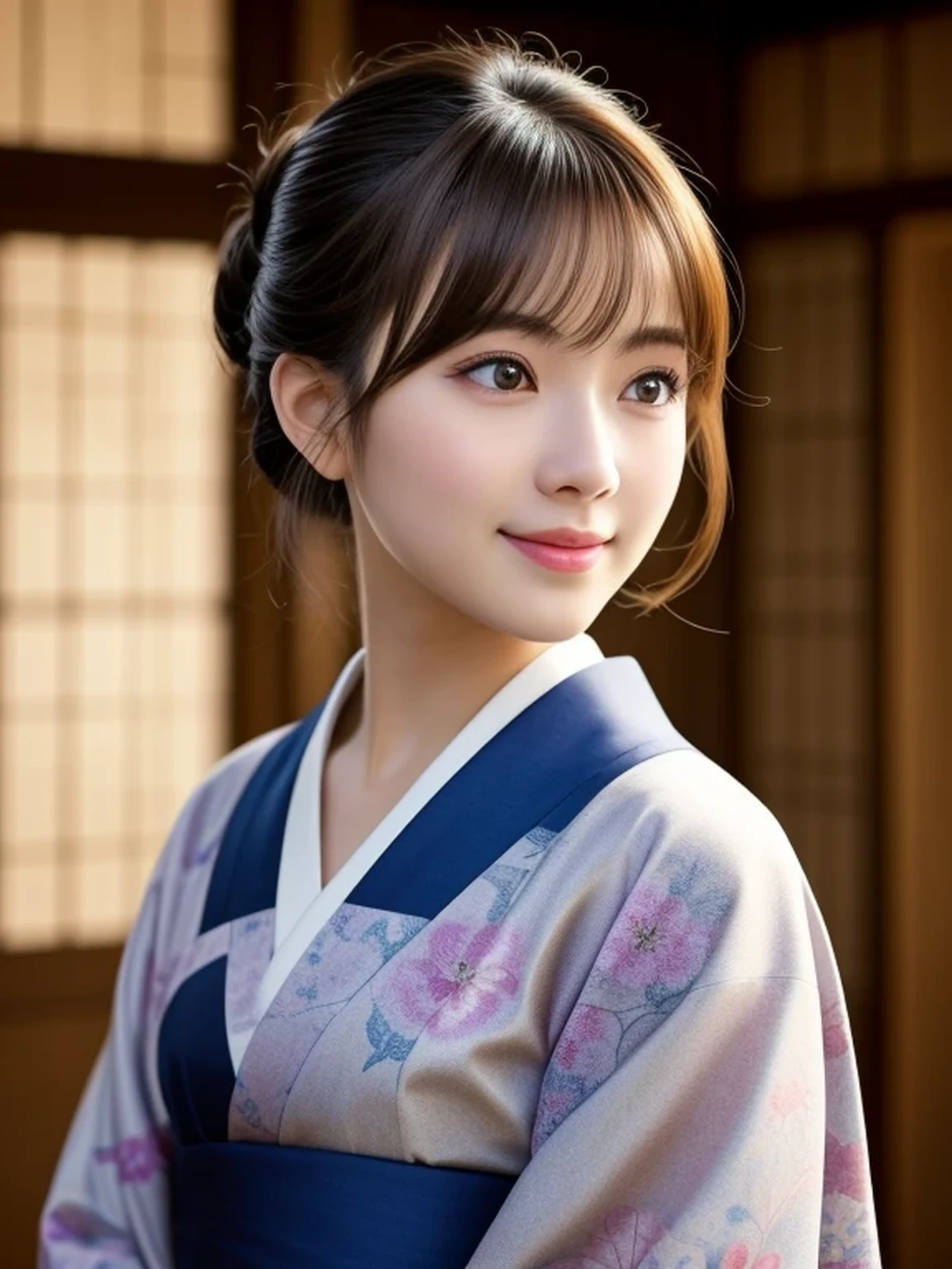 1 Japanese girl, (Looking at Viewer
:1.4), Staring Intently, (upper body shot:1.2), Beautifully detailed eyeballs, catchlight in the eyes, Realistic digital painting of a woman portrait, Shy, Cute, happy smile, brown eyes, (half updo,:1.1), (light brown brunette hair:1.3), (Highly detailed skin:1.2), Mystical style, Global Illumination, Traditional Japanese floral printed Kimono, A silk kimono with a deep indigo base.