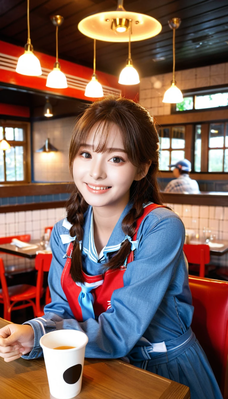 high school student,girl,,she is having food,smile,kobeyarestaurant, open kitchen, scenery, chair, table, ceiling light, indoors, lamp, cup, restaurant, light, realistic,Best Quality, 32k, photorealistic, ultra-detailed, finely detailed, high resolution, perfect dynamic composition, beautiful detailed eyes, sharp-focus, cowboy_shot,kobeyarestaurant, She is a k-pop idol girl
