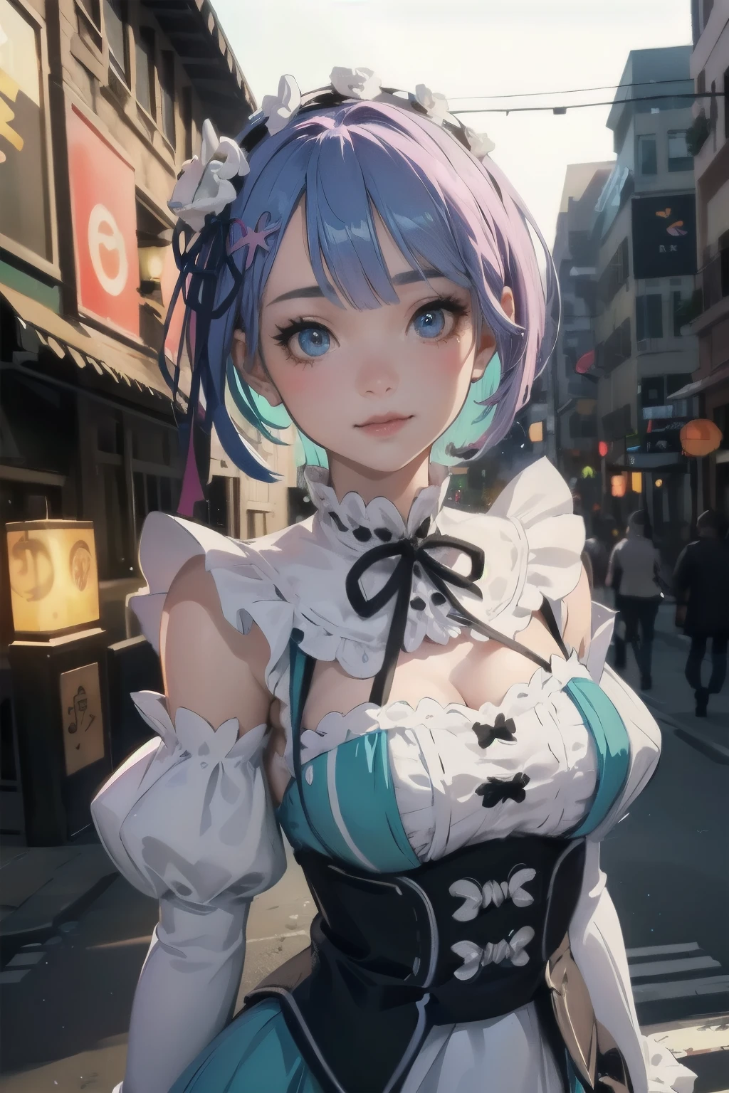 beautiful detailed eyes, beautiful detailed lips, extremely detailed eyes and face, long eyelashes, 1girl, chibi, kawaii, cute, , photo-realistic, hyperrealistic, street fashion, cosplay, rem from re:zero, full body, smiling, fantasy, fantasy art, digital painting, cinematic lighting, dramatic lighting, vibrant colors, highly detailed, sharp focus, volumetric lighting, photorealistic, 8k, best quality, masterpiece