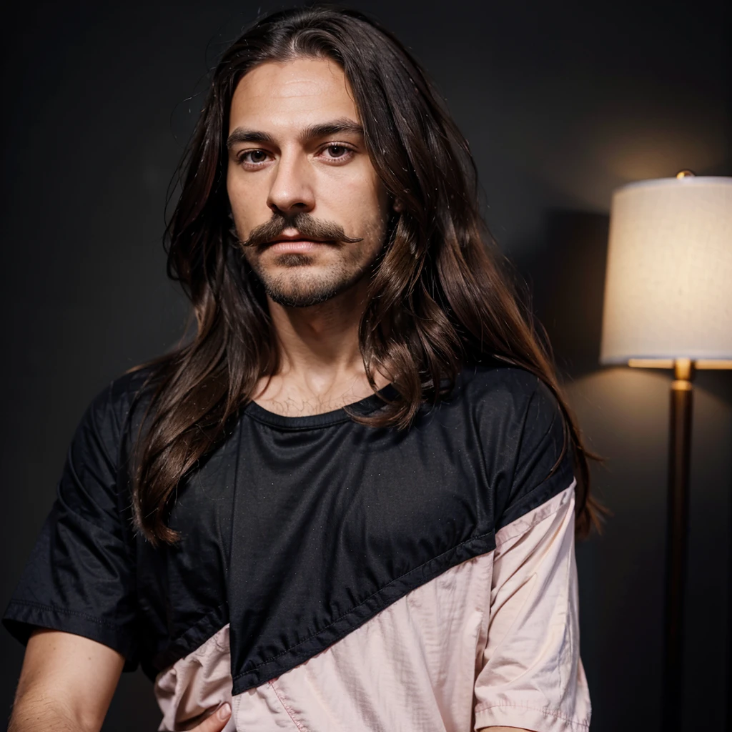 Create a drawing-style portrait of a gentle man with long hair that is a mixture of black and blonde. He has red eyes, a thin beard, and a thin mustache. He is wearing a magenta short-sleeved shirt with a black short-sleeved coat on top. The coat has three dark blue outlines: two at the end of the sleeves and one at the bottom edge.