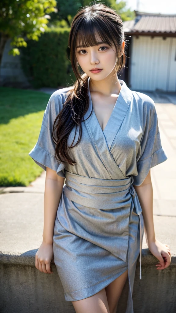 masterpiece, Best Quality, 8K, 20 yo, huge breasts, cuddly, Solo, sad, Cute, Girly, Delicate girl, Neat and clean beauty, Raw photo, Professional Photography, Portrait, full body, front view, perfect body shape, Sophisticated, Film grain, (Eyes and faces with detailed:1.0), ponytail, short length floating hair, beautiful flowing hair, bangs, Kimono Wrap Shirt