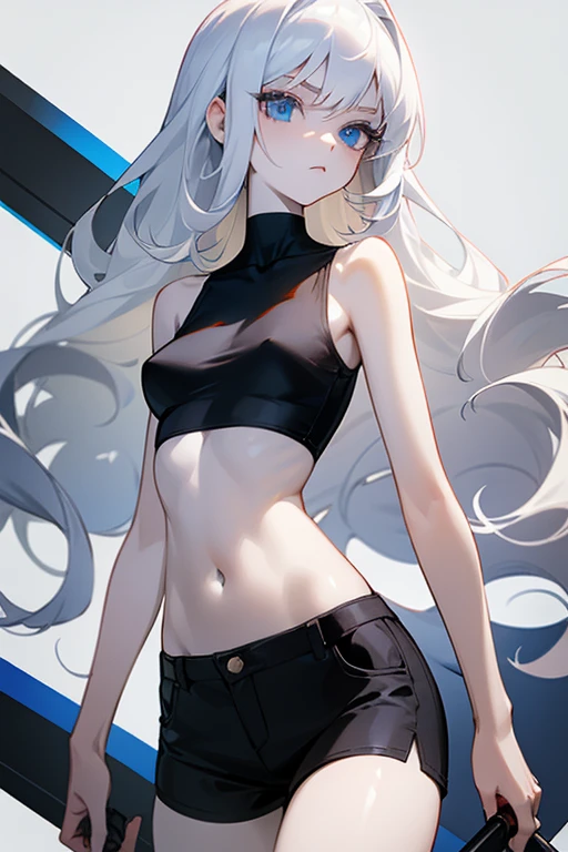 female character, , pale and white skin, dark blue eyes, white hair, wavy and long, slim, beautiful, black shorts close to the skin, long black sleeveless neck t-shirt close to the skin, small breasts, small waist. I'm always cornered by an erotic gang