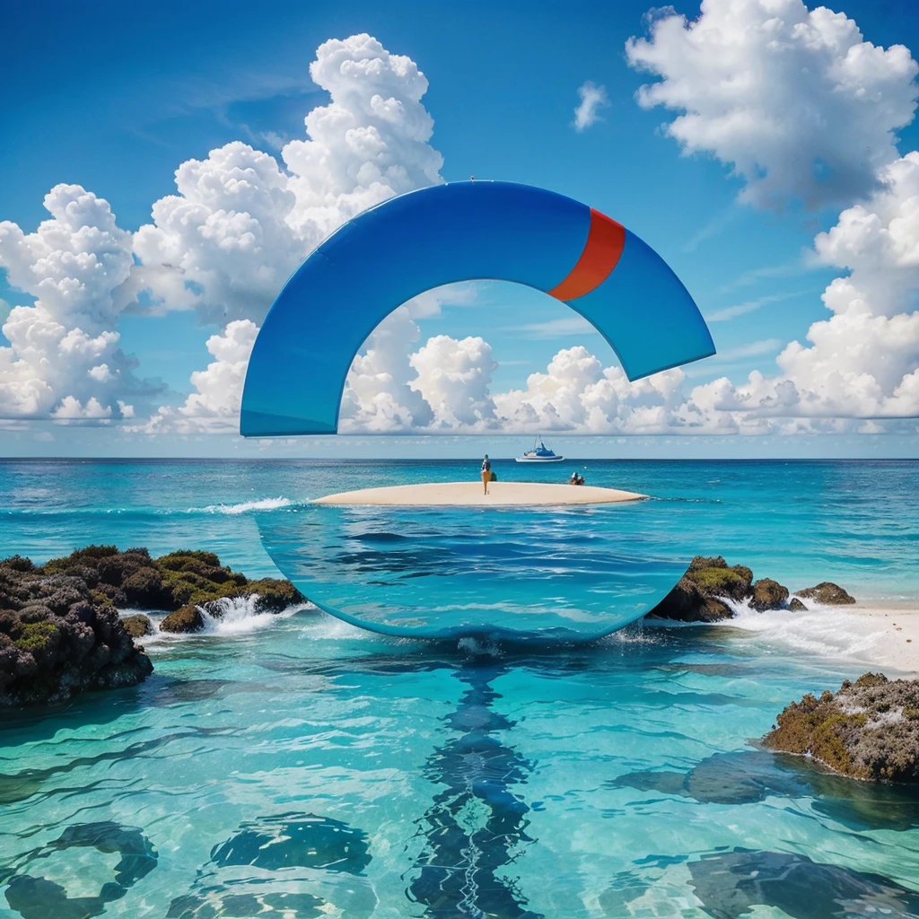 Taylored Travel spelled out on the sky. travel agency logo. tropical island. clear blue water. visually appealing from a distance. hyper realistic