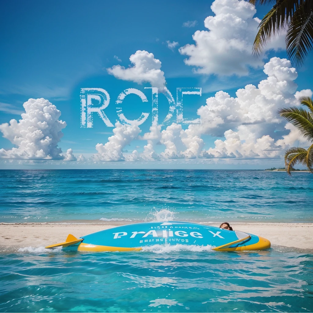 Taylored Travel spelled out on the sky. travel agency logo. tropical island. clear blue water. visually appealing from a distance. hyper realistic