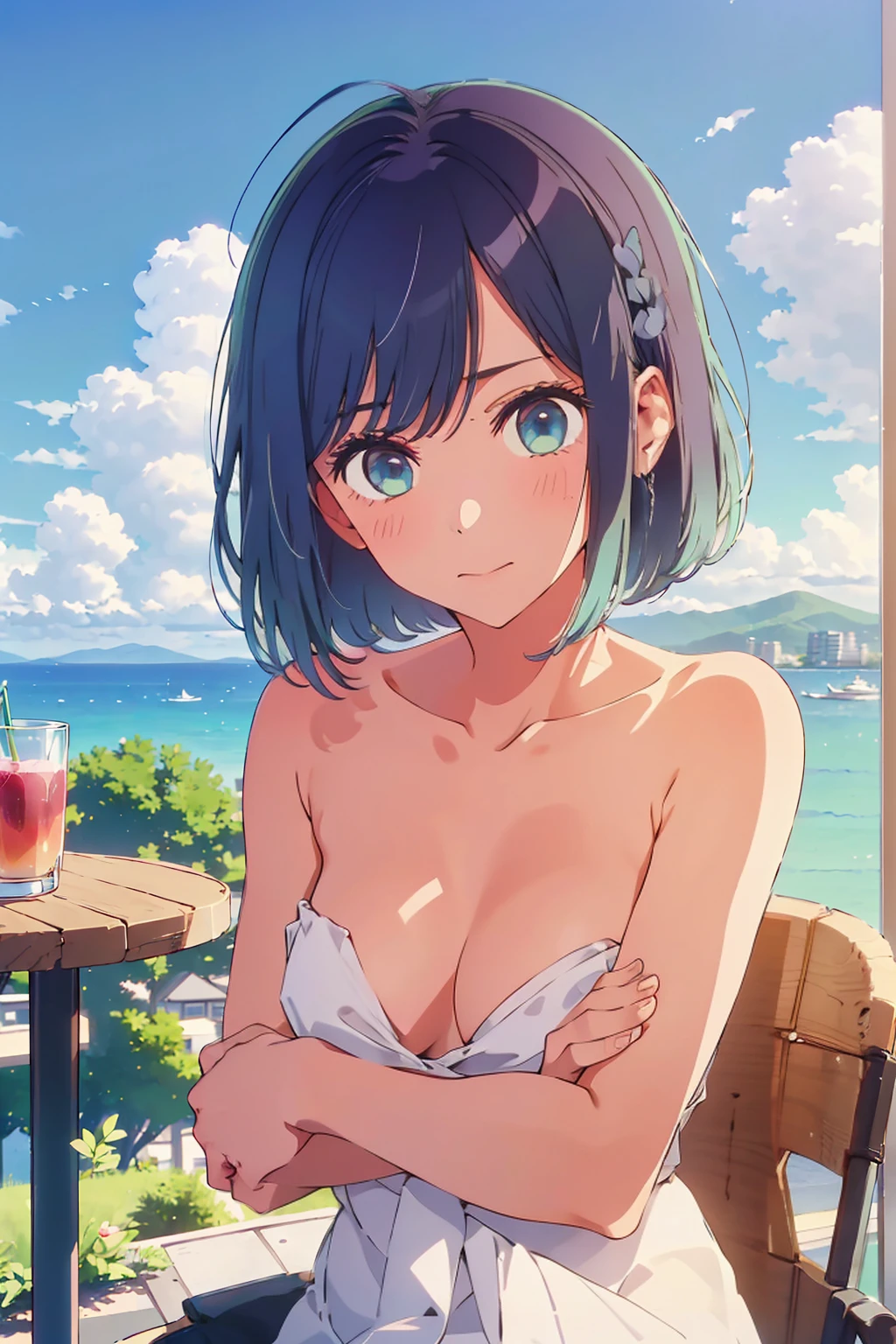 (Highest quality:1.4、8K:1.4、detailed)、F cup bust、Big Breasts、Slim body、Very white beautiful skin、((((1 person、Surprised expression、sit、Chair、In the background are the urban buildings of Tokyo、looking at the camera、Outdoor café terrace、coastal、Navy hair color、juice、Shooting up close、table、Very cute face))))、((((nude、Areola))))、(Pose with hair tucked behind ears with both hands:1.4)、bikini、Very blue sky、A completely cloudless sky