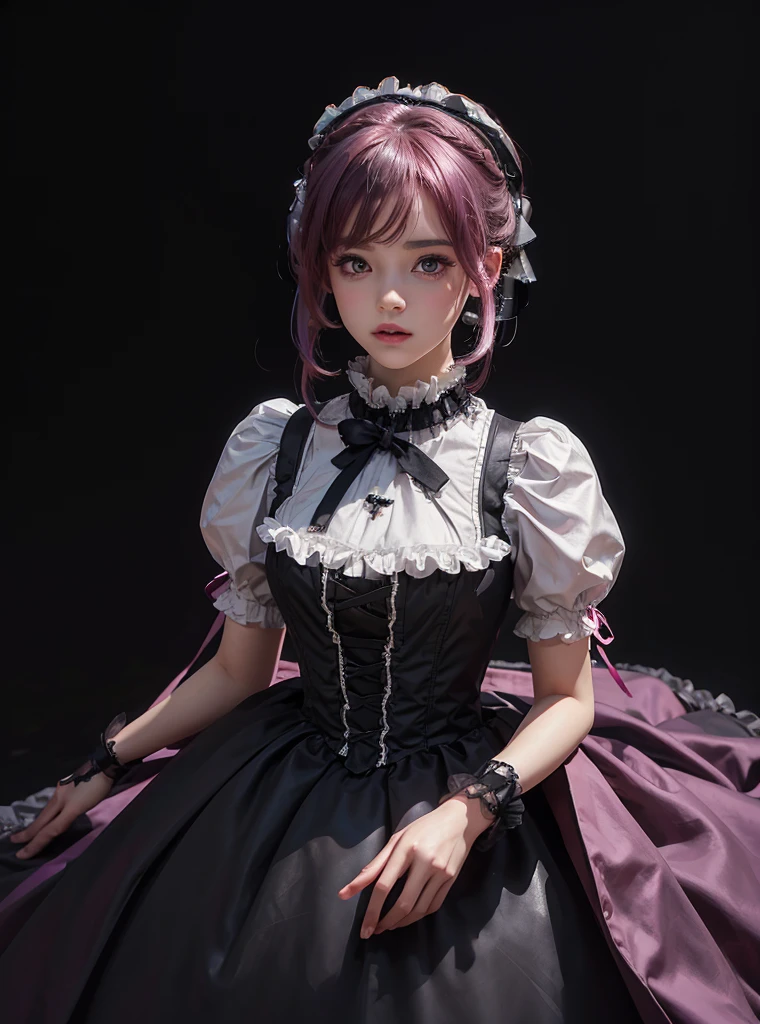 a beautiful girl,magenta hair,looking at the viewer,standing,(Very Detailed: 1.3),ultra realistic,HDR,(High Dynamic Range),8K RAW,(((1GIRL))),(((wearing lolita dress))),(((black background))),masterpiece,best quality,perfect proportions