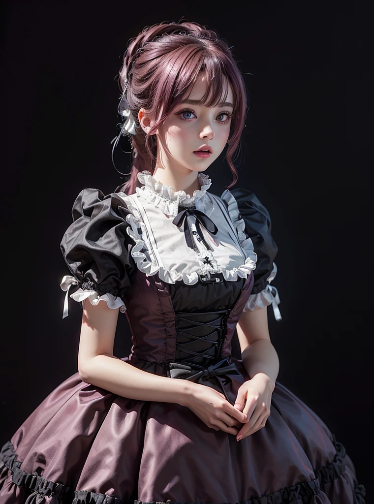 a beautiful girl,magenta hair,looking at the viewer,standing,(Very Detailed: 1.3),ultra realistic,HDR,(High Dynamic Range),8K RAW,(((1GIRL))),(((wearing lolita dress))),(((black background))),masterpiece,best quality,perfect proportions