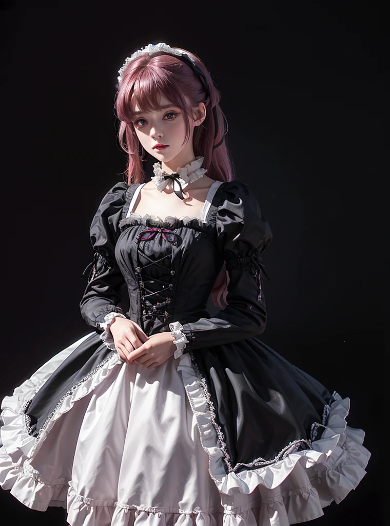 a beautiful girl,magenta hair,looking at the viewer,standing,(Very Detailed: 1.3),ultra realistic,HDR,(High Dynamic Range),8K RAW,(((1GIRL))),(((wearing lolita dress))),(((black background))),masterpiece,best quality,perfect proportions