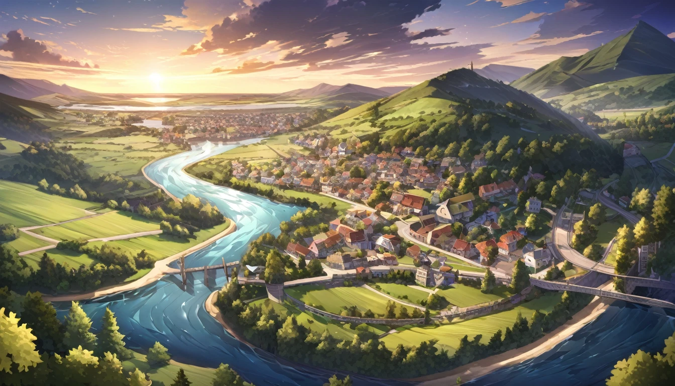 A view of a town with a river running through it, countryside city scene