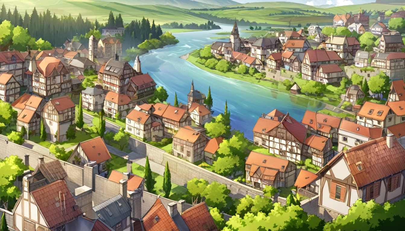 A view of a town with a river running through it, countryside city scene