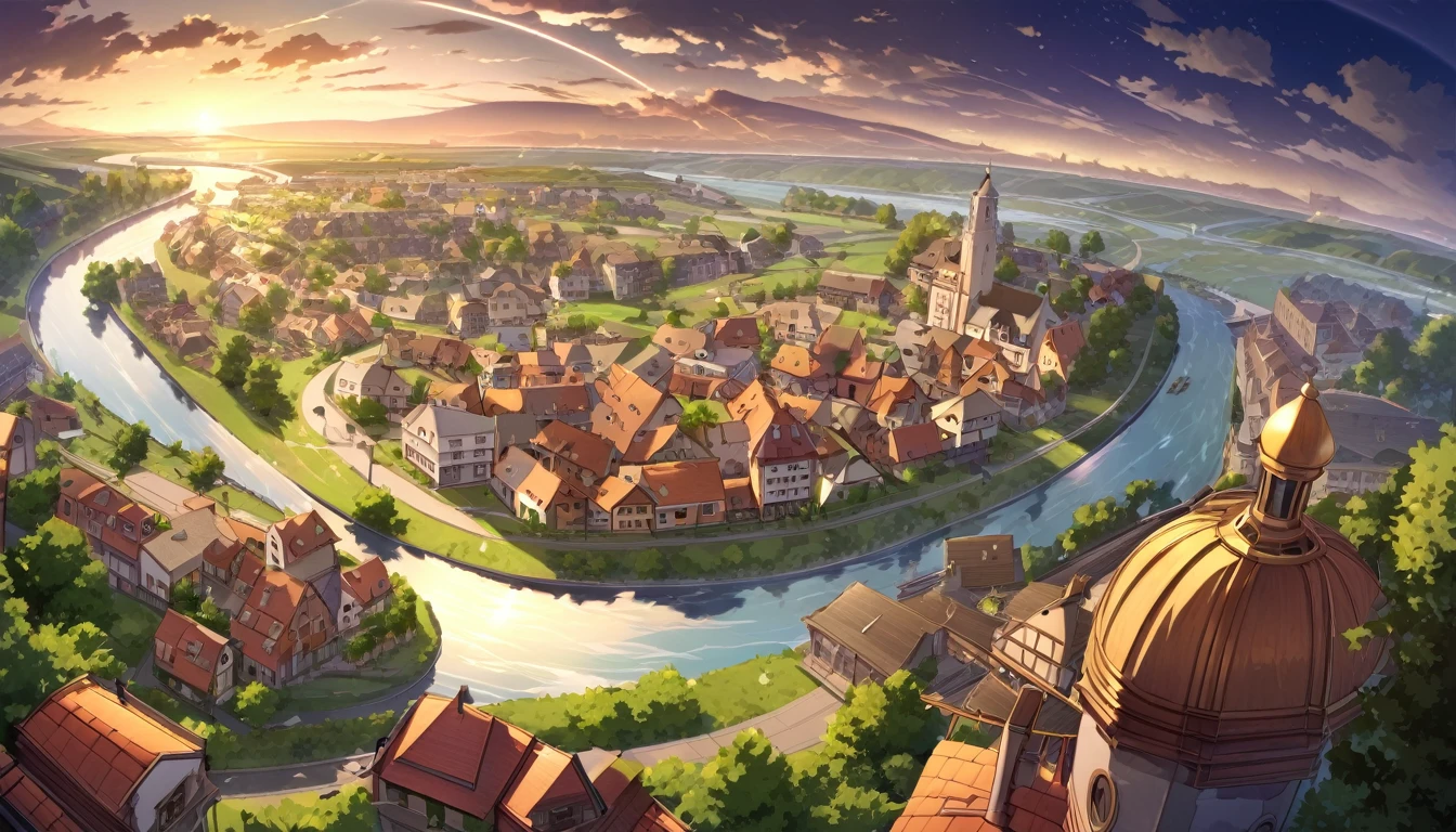 A view of a town with a river running through it, countryside city scene