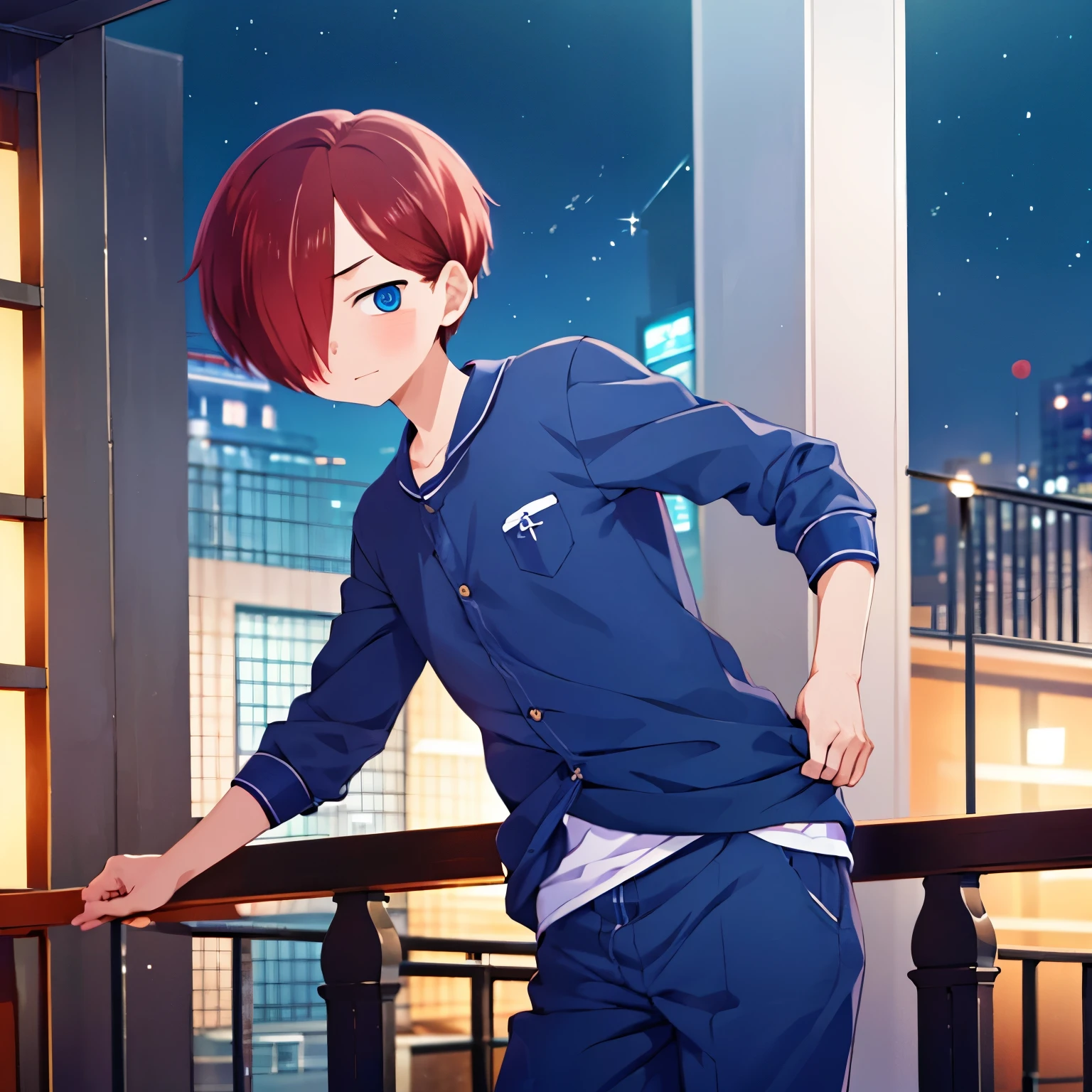 1boy, solo, male focus, kyoutarou_ichikawa, red hair, blue eyes, short hair, hair over one eye, bangs, Standing,Blue pajamas, standing on the royal balcony, night, camera angle from below