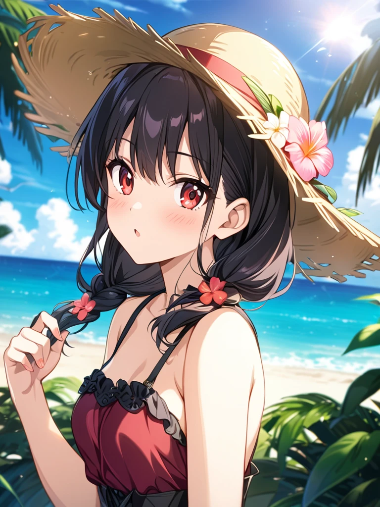 (masterpiece, best quality), very aesthetic, absurdres, extremely detailed CG unity 8k wallpaper, super fine illustration, (detailed_face:1.2), BREAK 1girl, long black hair wearing a straw hat, small breasts, (glamorous expression), red eyes, anime style 4k, beautiful anime portrait, anime moe art style, anime art wallpaper 4k, High quality anime art style, anime style portrait, be familiar with digital anime art, anime art wallpaper 8k, cute anime girl portrait, Hawaii background, blue sea, palm trees, sunlight, whole body, BREAK depth of field, perfect hands, nice fingers, 5_finger, 4_finger,1_thumb,