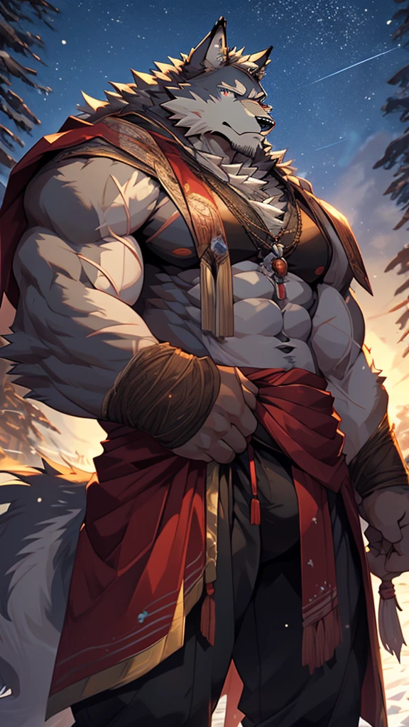 elder,long white beard,long braided hair,solo, kemono, (old grey wolf), anthro (old wolf), anthro, male, anthro male (old wolf), anthro (old wolf), tail,muscles, handsome, general, loose cloth ,bulge, big abs, northern area,wind and snowstorm,perfect lighting, (light particles),(best quality),(masterpiece),(ultra detailed),sharp focus, light particles, strong, serious,rippled muscles, ultradetailed face, ultradetailed eyes, looking at viewer, good looking, bareness, ((detailed face)),a lot of scars,the elder,elder face