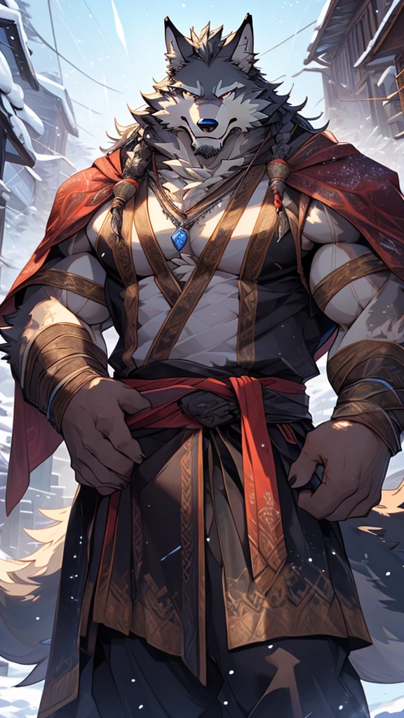 elder，long white beard，long braided hair，solo, kemono, (old grey wolf), anthro (old wolf), anthro, male, anthro male (old wolf), anthro (old wolf), tail,muscles, handsome, general, loose cloth ,bulge, big abs, northern area,wind and snowstorm,perfect lighting, (light particles),(best quality),(masterpiece),(ultra detailed),sharp focus, light particles, strong, serious,rippled muscles, ultradetailed face, ultradetailed eyes, looking at viewer, good looking, , ((detailed face)),a lot of scars,the elder，elder face